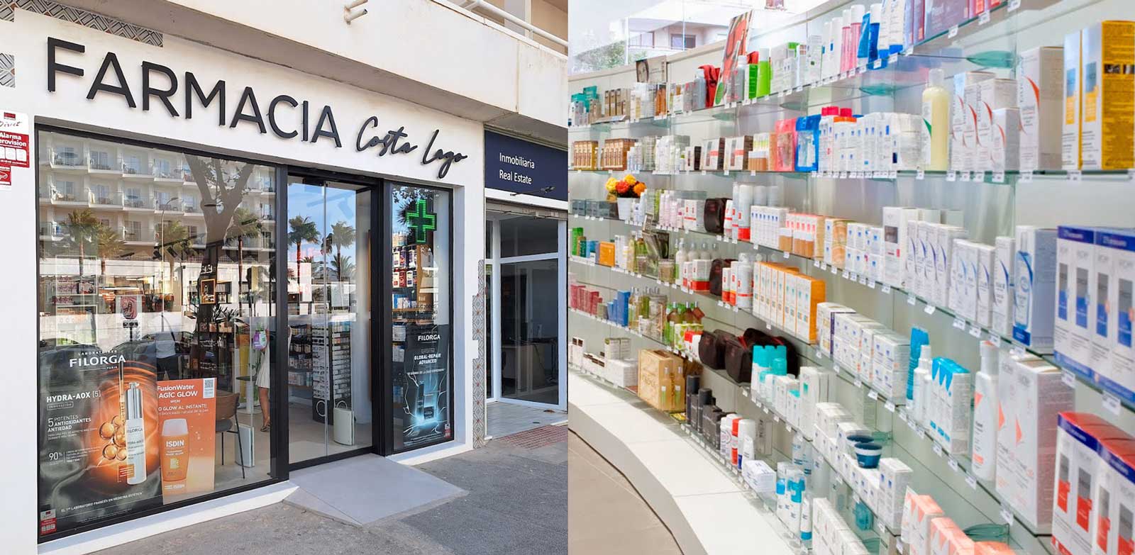 Imagen de la fachada y del interior de farmacia Costa Lago